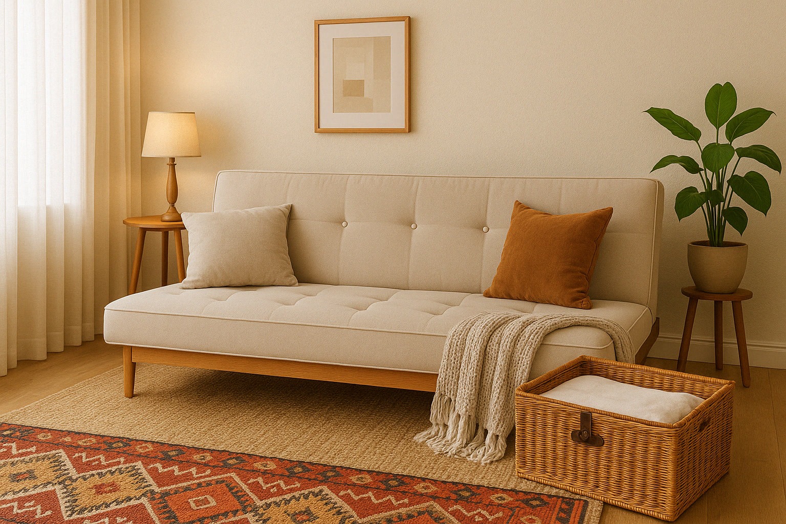 A neutral-toned living room with a beige sofa, two pillows, a throw blanket, a floor lamp, framed art, a plant, a wicker basket, and a patterned rug.
