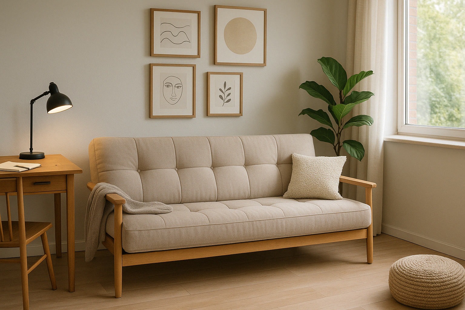 Minimalist living room with a beige sofa, throw pillow, light wood desk and chair, table lamp, wall art, potted plant, pouf, and large window with sheer curtains.