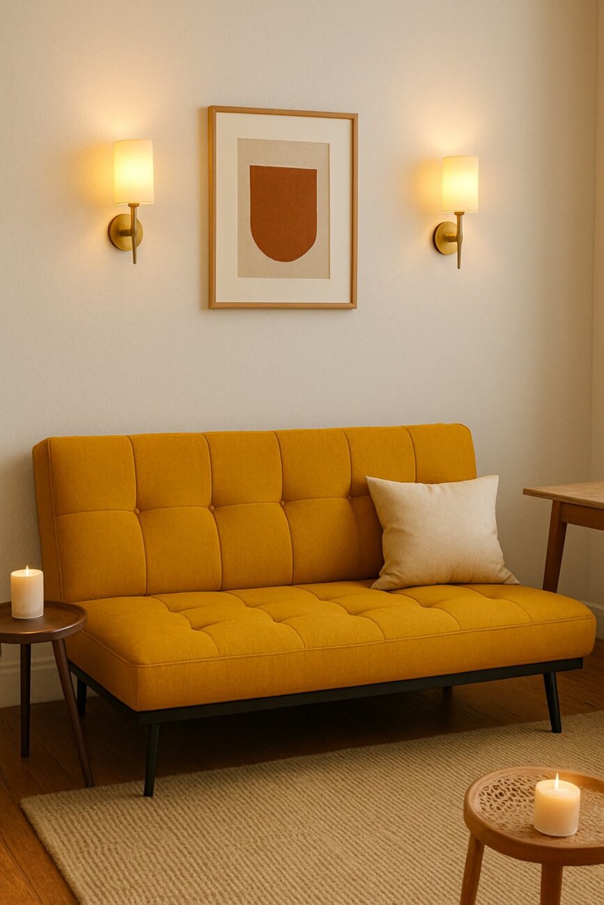 A mustard yellow sofa with a beige pillow sits against a wall, flanked by two wall sconces and a framed abstract artwork, with lit candles on nearby tables.