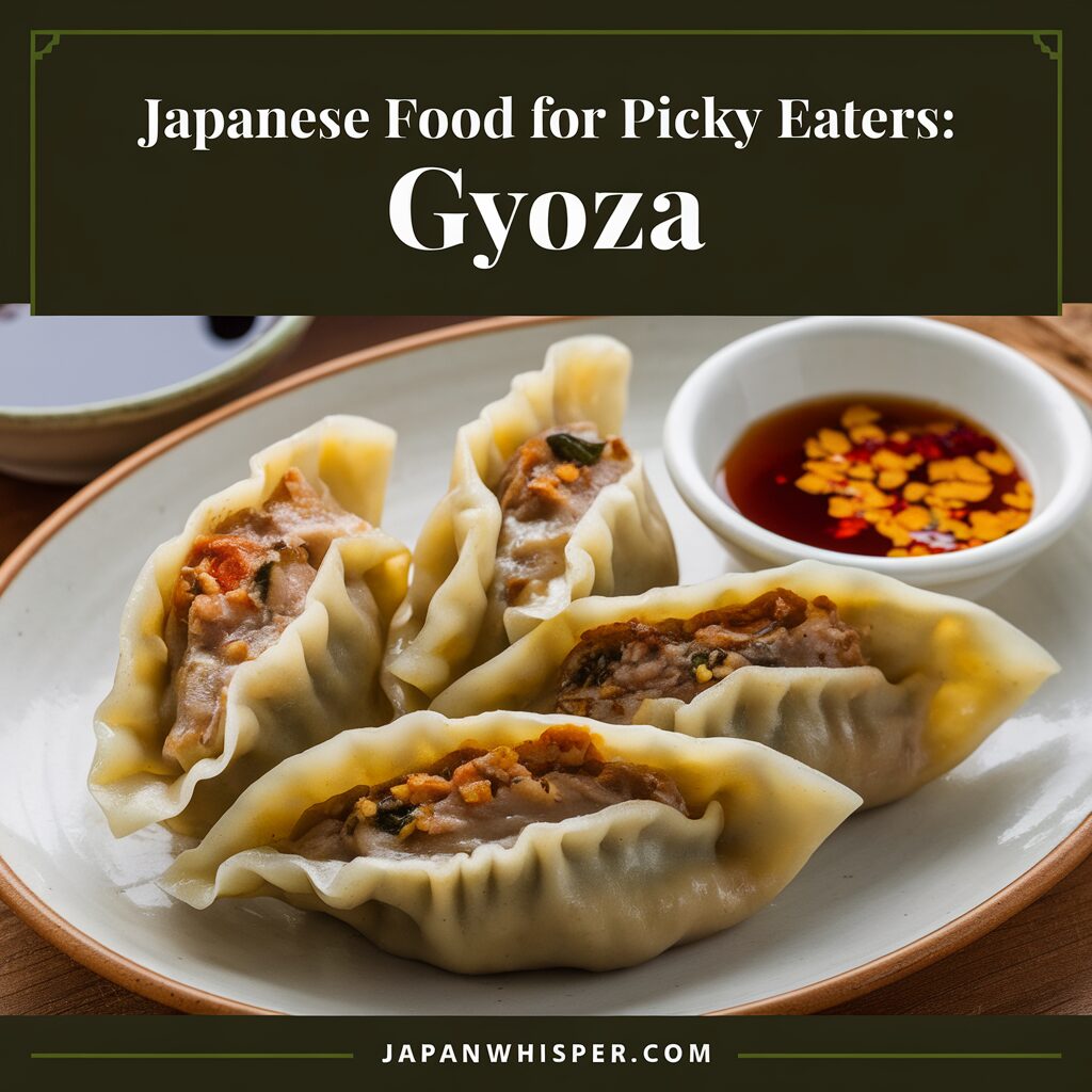 A plate of four gyoza dumplings, with a small dish of dipping sauce and another dish partially visible in the background.