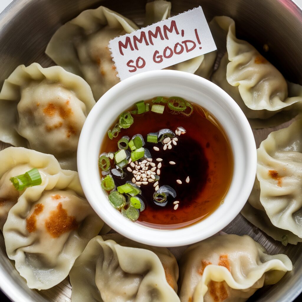 A bowl of dipping sauce with green onions and sesame seeds is surrounded by steamed dumplings; a note above reads "MMMM, SO GOOD!".