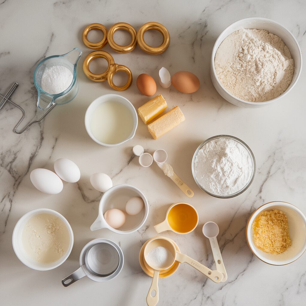 Assorted baking ingredients and utensils, including flour, eggs, butter, sugar, measuring cups, and cookie cutters, arranged on a white marble surface.