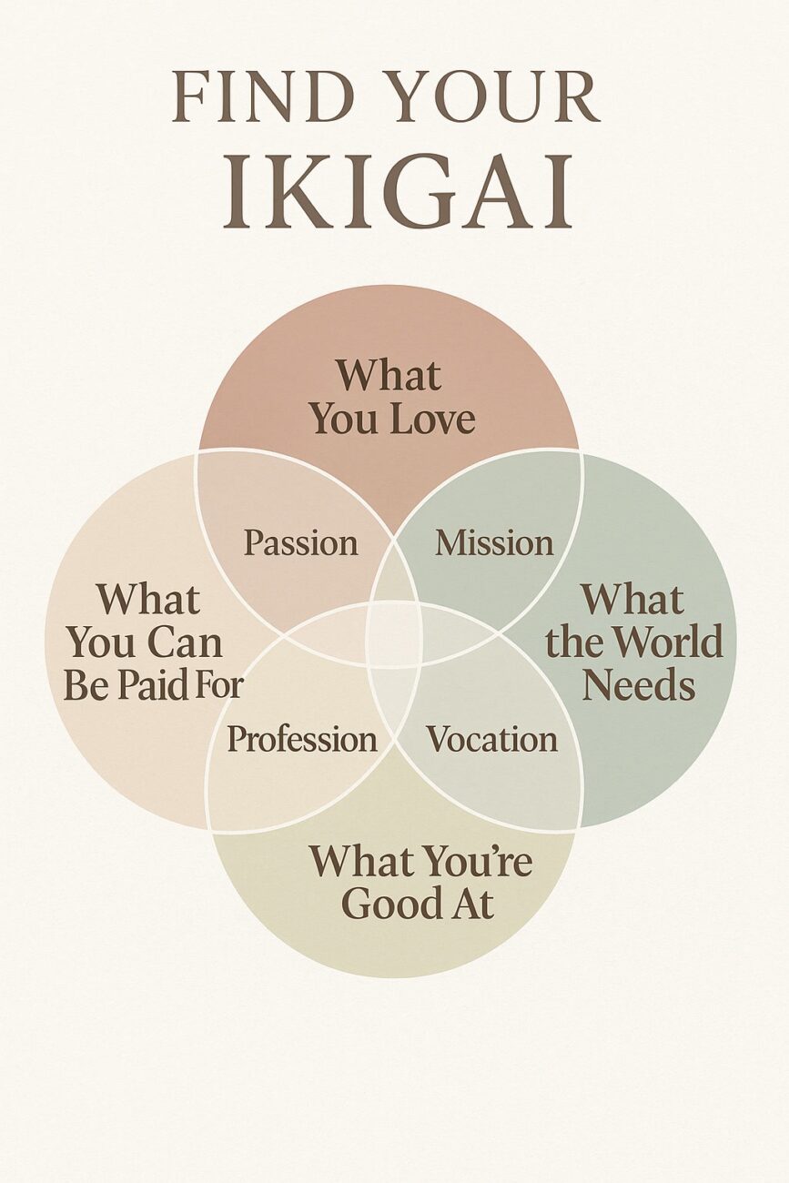 A Venn diagram titled "Find Your Ikigai" shows the overlap of what you love, what you’re good at, what the world needs, and what you can be paid for.