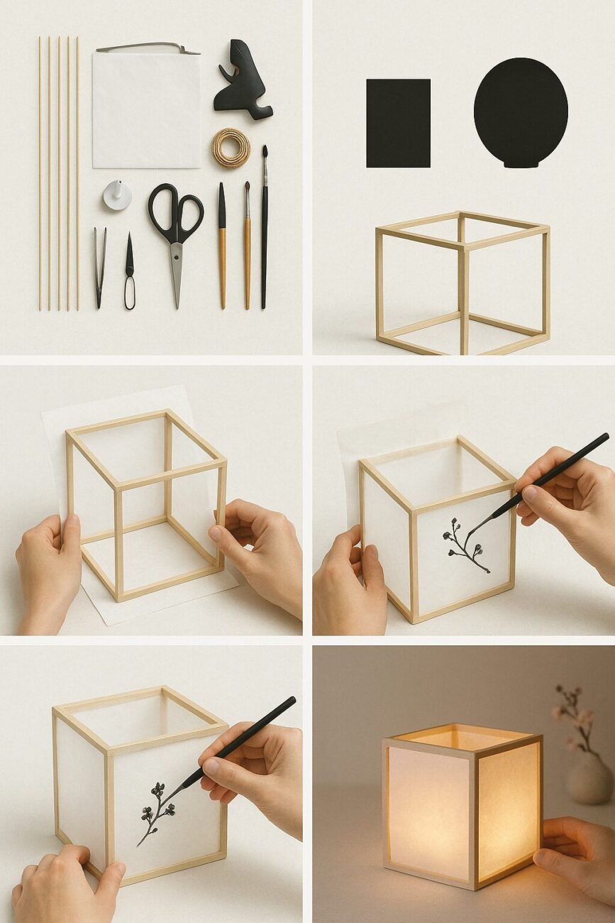 Step-by-step guide to making a paper lantern: materials, frame assembly, attaching paper, painting design, and finished illuminated lantern.