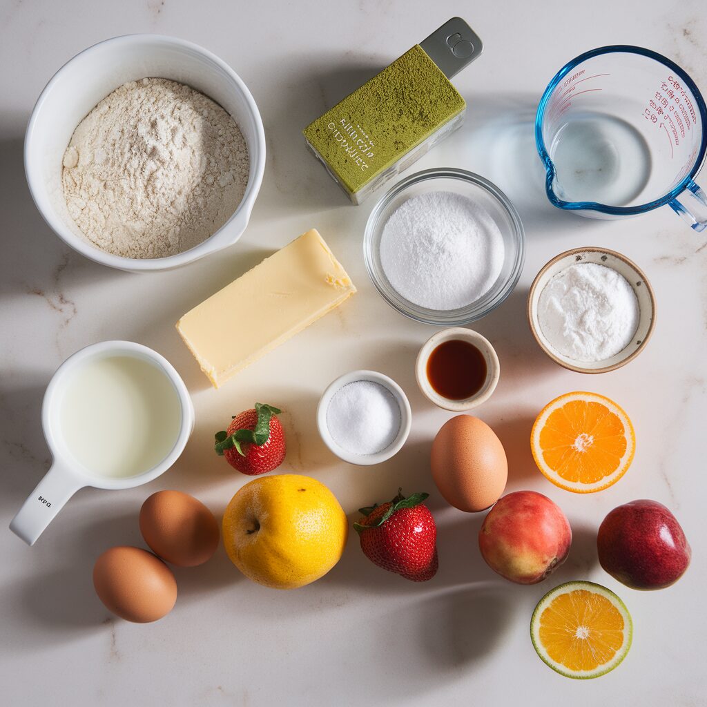 Ingredients for baking arranged on a counter, including flour, butter, sugar, baking powder, milk, eggs, vanilla, strawberries, grapefruit, orange, lemon, and a green spice tin.