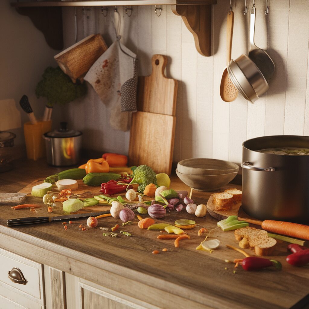 A kitchen counter with various chopped vegetables, bread slices, a knife, and a pot of soup; cooking utensils and cutting boards hang on the wall.
