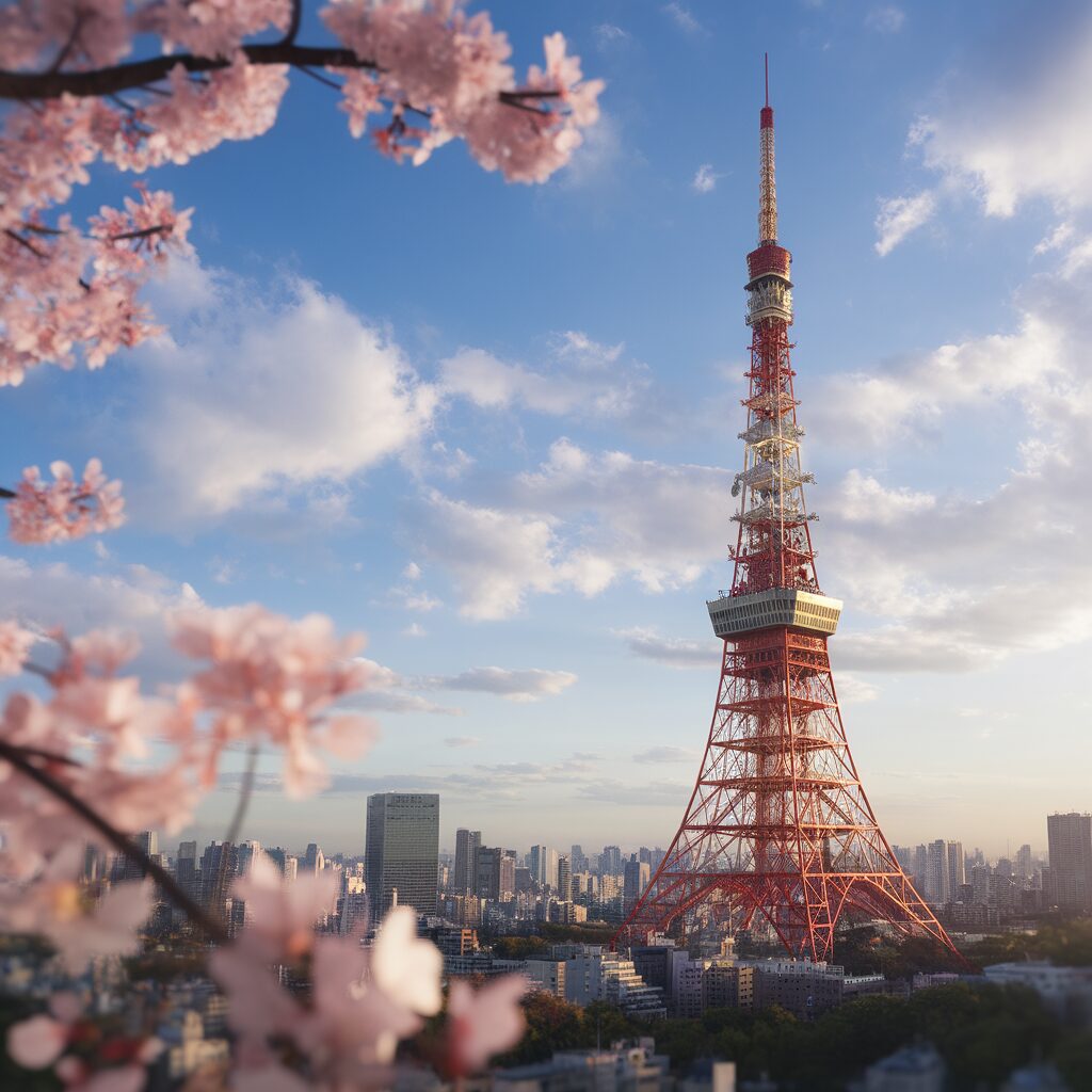 Tokyo Tower stands tall against a blue sky with scattered clouds, with pink cherry blossoms in the foreground and city buildings below.