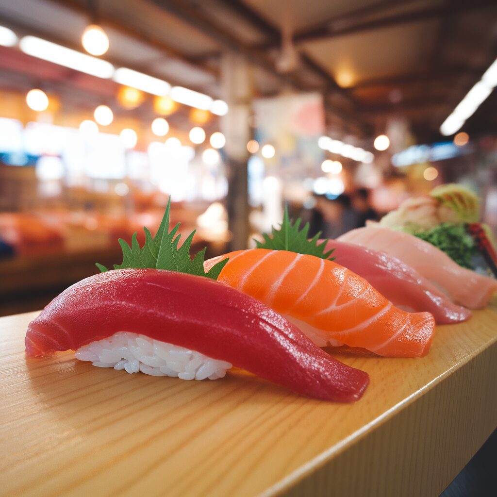 A close-up of assorted sushi pieces, including tuna and salmon nigiri, arranged on a wooden board in a well-lit restaurant setting.