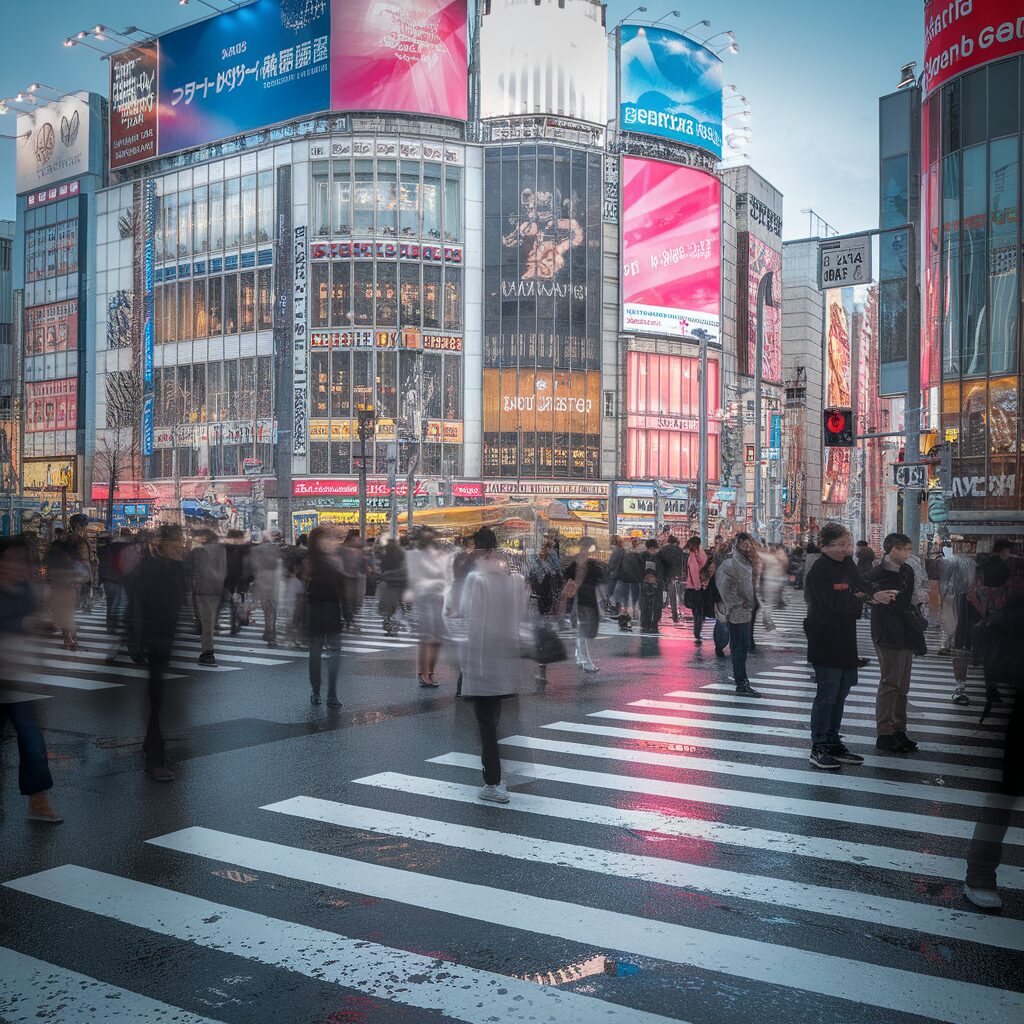 Busy city intersection with many people crossing a large crosswalk surrounded by tall buildings and bright colorful billboards.