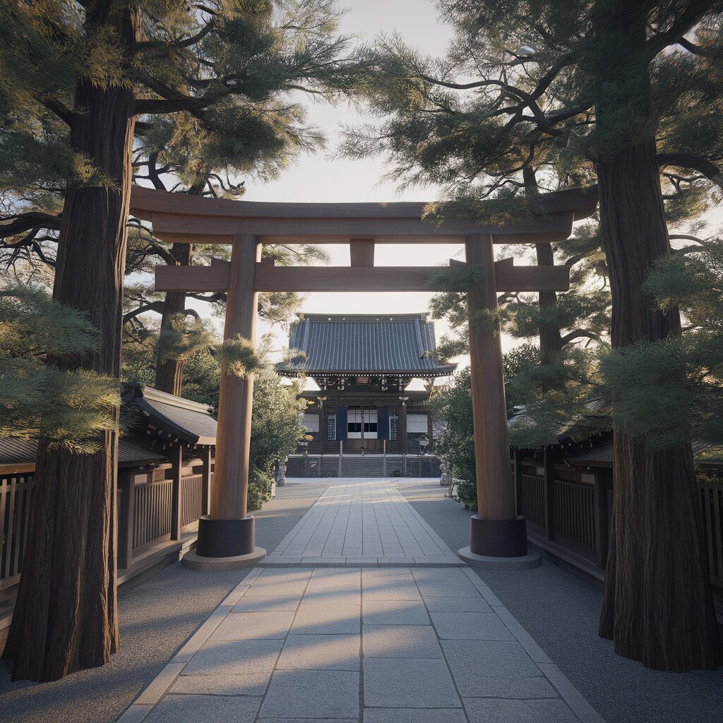 A traditional Japanese torii gate stands at the entrance of a shrine, surrounded by tall trees and a stone pathway leading to the main building.