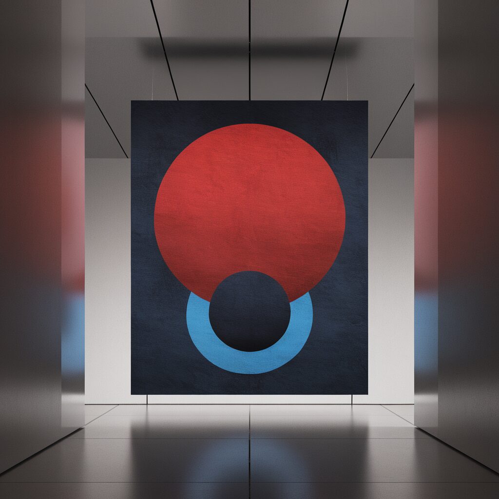 A geometric artwork featuring a large red circle above a smaller black circle with a blue ring, displayed in a modern, reflective gallery setting.