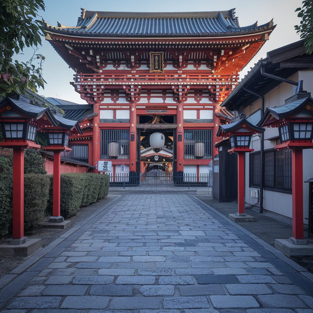 A paved stone path leads to a traditional Japanese temple gate with red pillars and lanterns, surrounded by trimmed bushes and buildings.