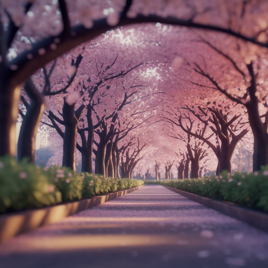 A pathway lined with cherry blossom trees in full bloom, with pink petals covering the ground and soft sunlight filtering through the branches.