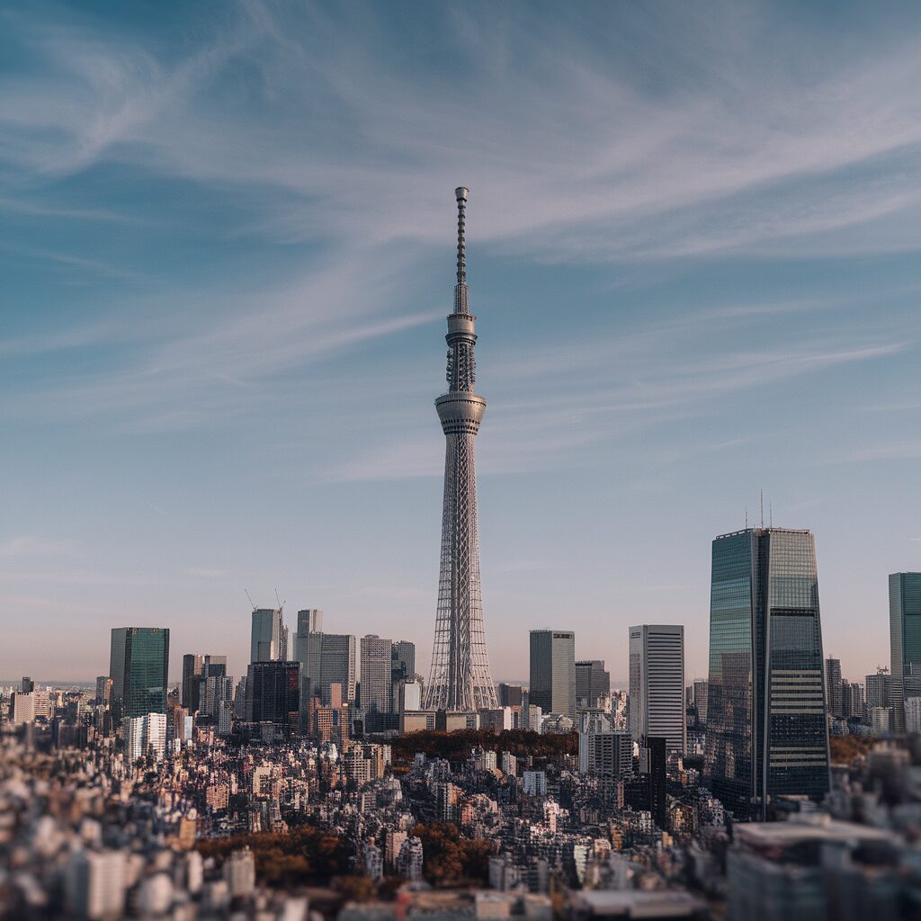 Tokyo cityscape with the Tokyo Skytree tower prominently in the center, surrounded by modern high-rise buildings under a partly cloudy sky.