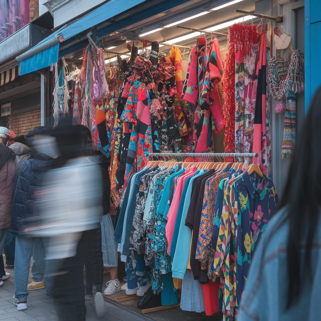 Outdoor clothing stall displaying colorful patterned jackets, shirts, and dresses on racks and hangers; people walk past the shop on a busy street.