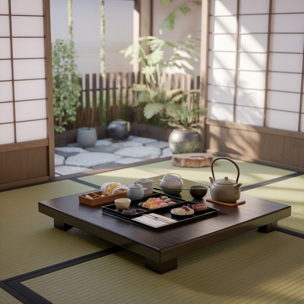 A traditional Japanese tea set and assorted snacks are arranged on a low wooden table in a tatami room with sliding doors and a small garden outside.