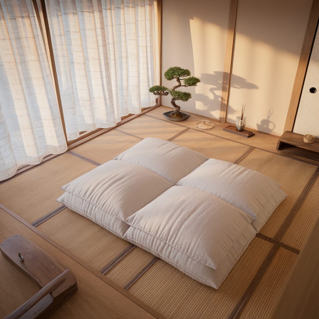 A minimalist Japanese room with tatami mats, a low white futon, shoji screens, a bonsai tree, and simple wooden decor in soft natural light.