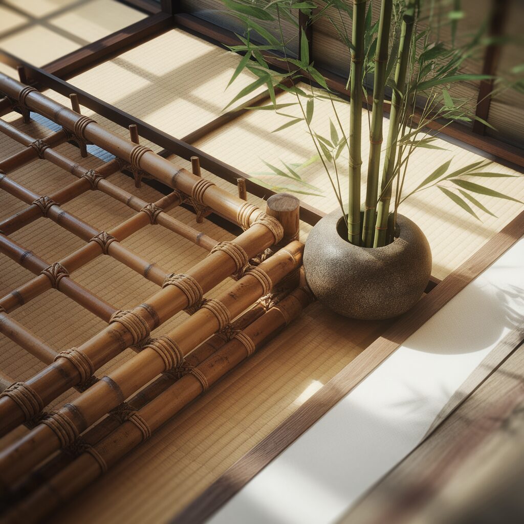 A potted bamboo plant sits on a tatami mat floor next to a bamboo fence, illuminated by natural sunlight through a nearby window.