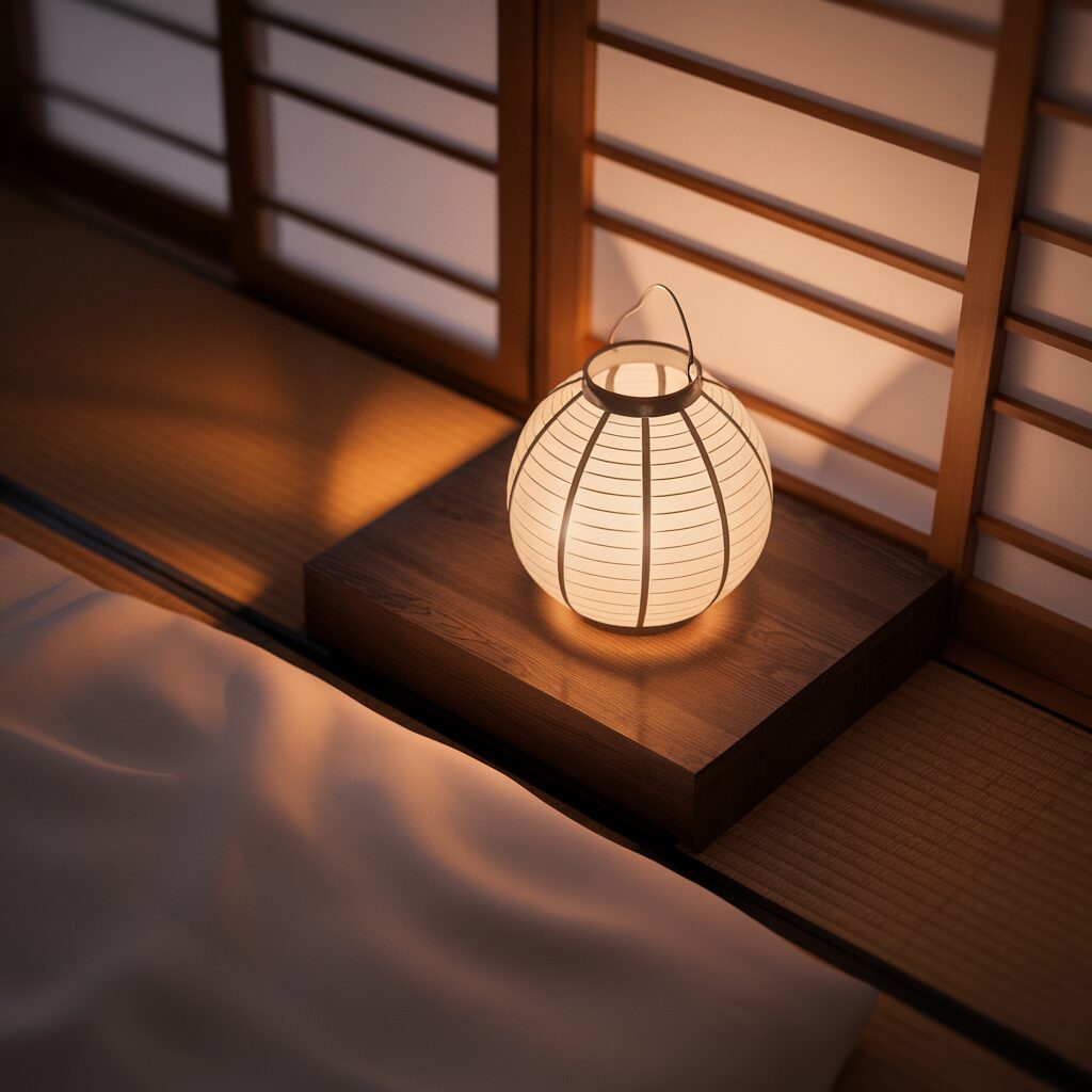 A round paper lantern sits on a wooden platform, casting a warm light in a traditional room with tatami mats and shoji screens.