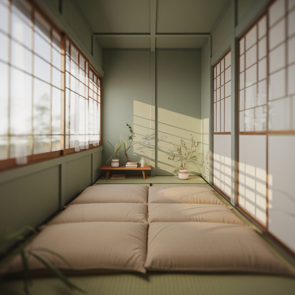 A minimalist room with green walls, tatami mats, floor cushions, low wooden table, potted plants, and shoji screen windows letting in sunlight.