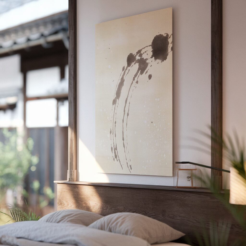 Minimalist bedroom with a large abstract black ink painting on the wall above the bed, showing curved and splattered lines; soft natural light enters from outside.