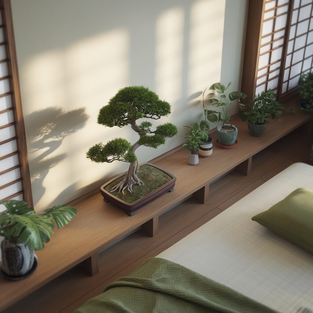 A bonsai tree and various potted plants are arranged on a wooden shelf beside a bed in a sunlit, minimalist room with shoji screens.