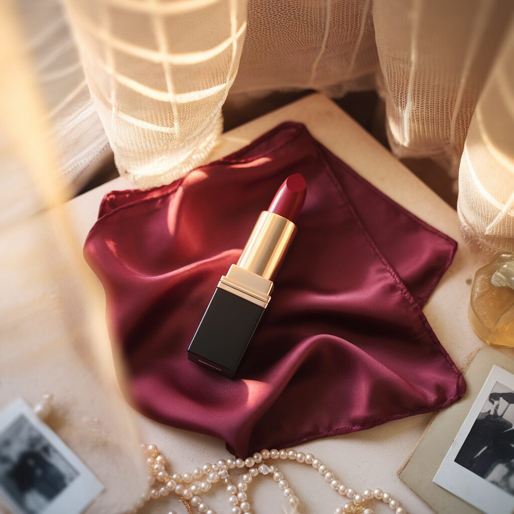 A red lipstick in a gold and black case rests on a burgundy satin cloth, surrounded by pearl necklace, vintage photos, and sheer curtains.