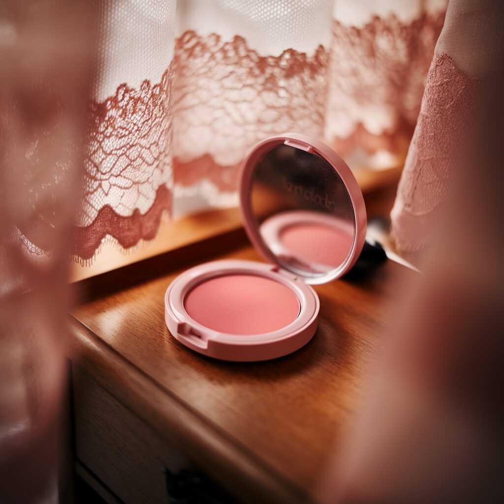 A pink blush compact sits open on a wooden dresser next to a lace curtain with sunlight filtering through.