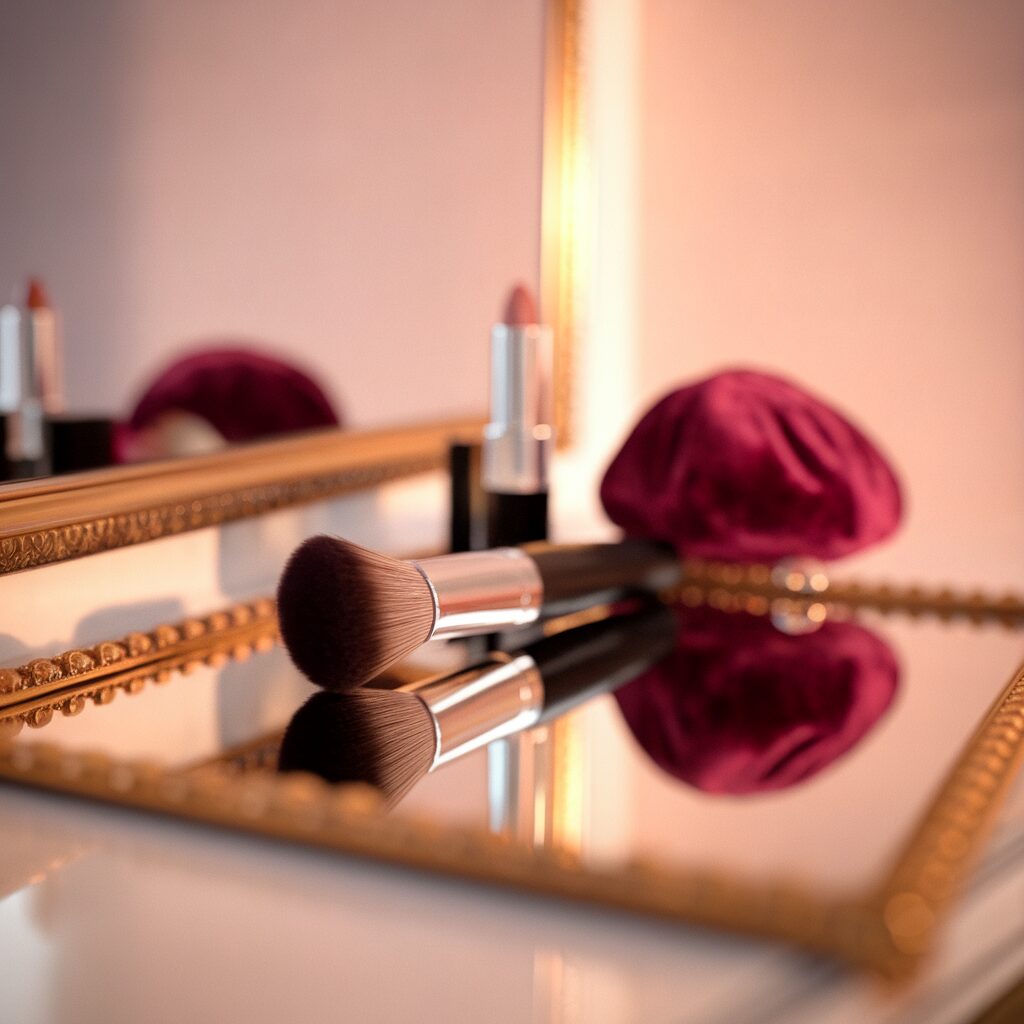 A makeup brush, lipstick, and a velvet pouch rest on a mirrored surface with a gold frame, reflecting the items and warm lighting.