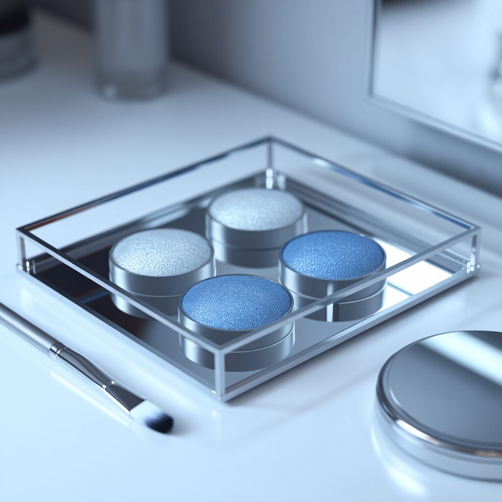 A rectangular tray holds four round containers of blue and white eyeshadow on a vanity beside a brush, mirror, and closed compact.