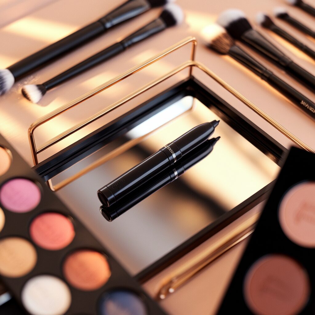 A variety of makeup brushes, an eyeshadow palette, and a double-ended eyeliner pen are arranged on a mirrored tray.