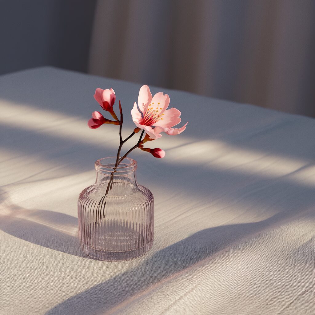A small glass vase with ridged sides holds a branch of pink flowers, casting a shadow on a white tablecloth in soft sunlight.