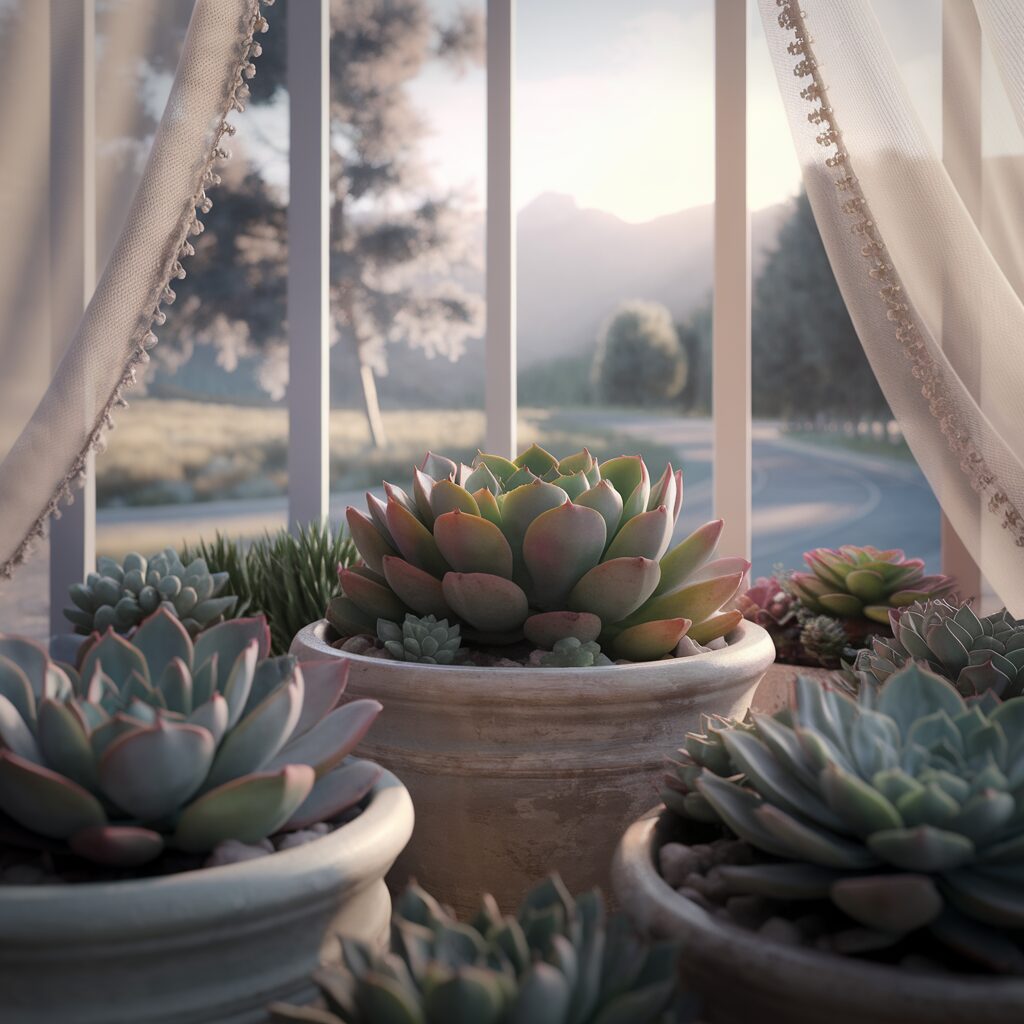 Several potted succulents sit on a windowsill with sheer curtains, overlooking a sunlit road and trees in the background.