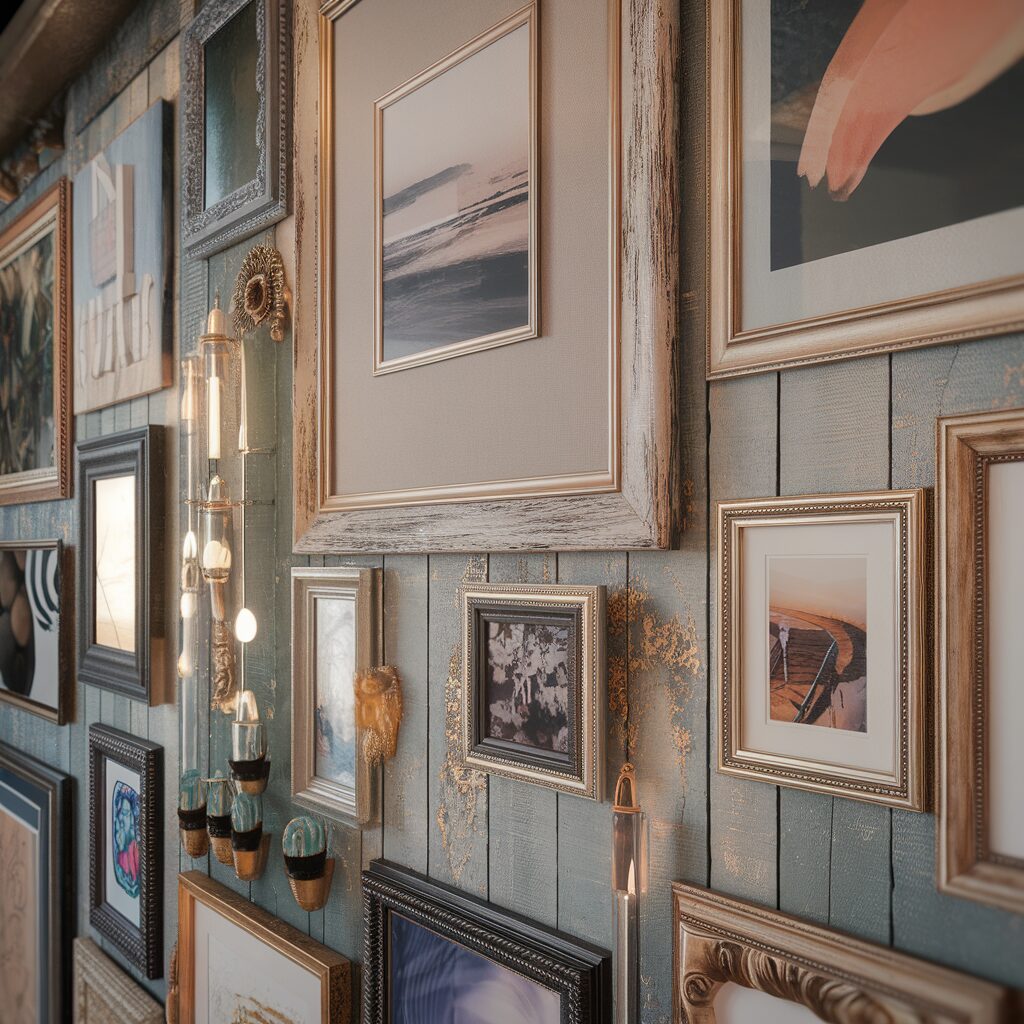 A gallery wall featuring various framed artworks and photographs hangs on distressed wooden panels, alongside wall-mounted lights and small decorative shelves with potted plants.