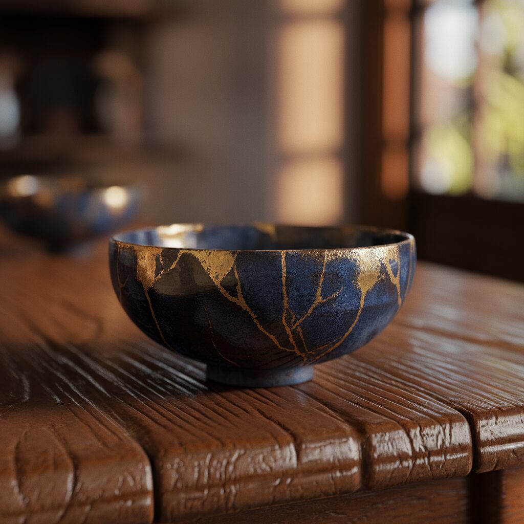 A ceramic bowl with visible gold repairs sits on a wooden table, displaying the Japanese art of kintsugi.