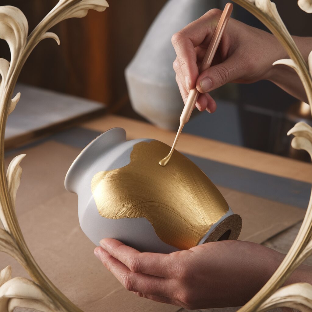 A person paints a white ceramic vase with gold paint using a brush, framed by decorative ornate elements.
