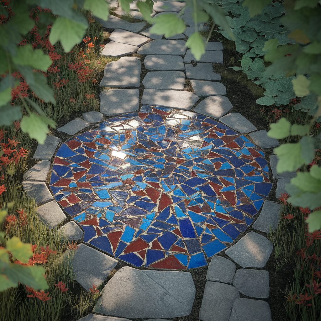 A stone garden path featuring a circular mosaic of blue and red tiles is surrounded by grass and red flowers, with green leaves partially framing the view.