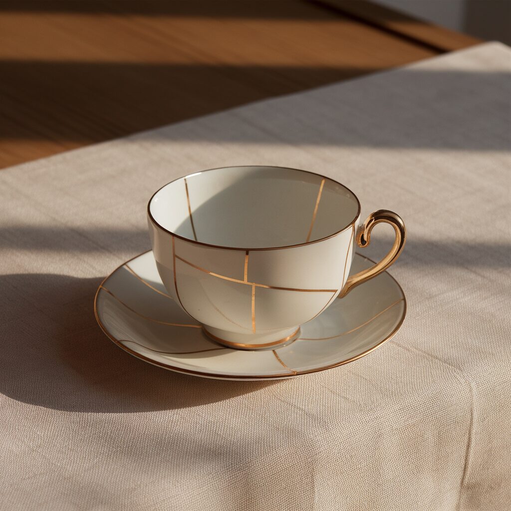 A white teacup with gold geometric lines sits on a matching saucer atop a beige tablecloth in natural sunlight.