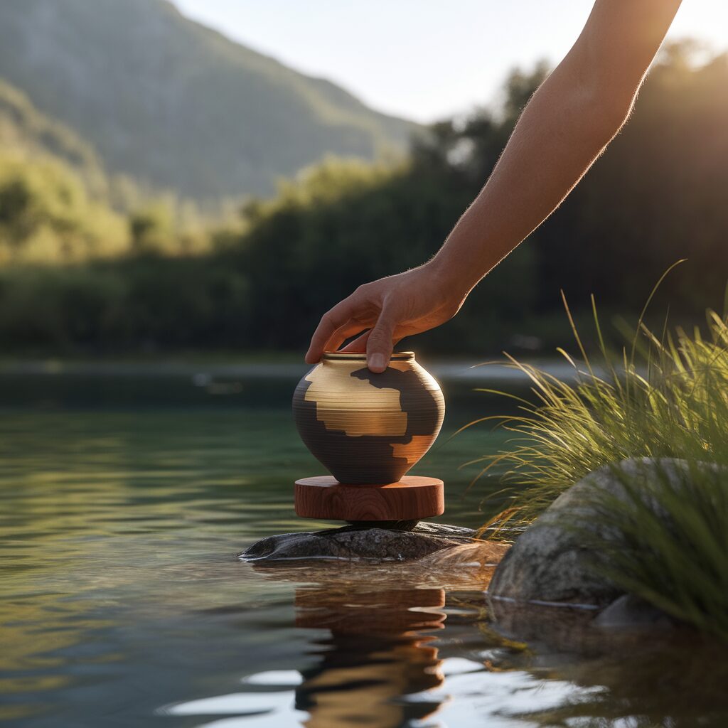 A hand places a small, round ceramic vase on a wooden base atop a rock by the edge of a calm lake, with mountains and greenery in the background.
