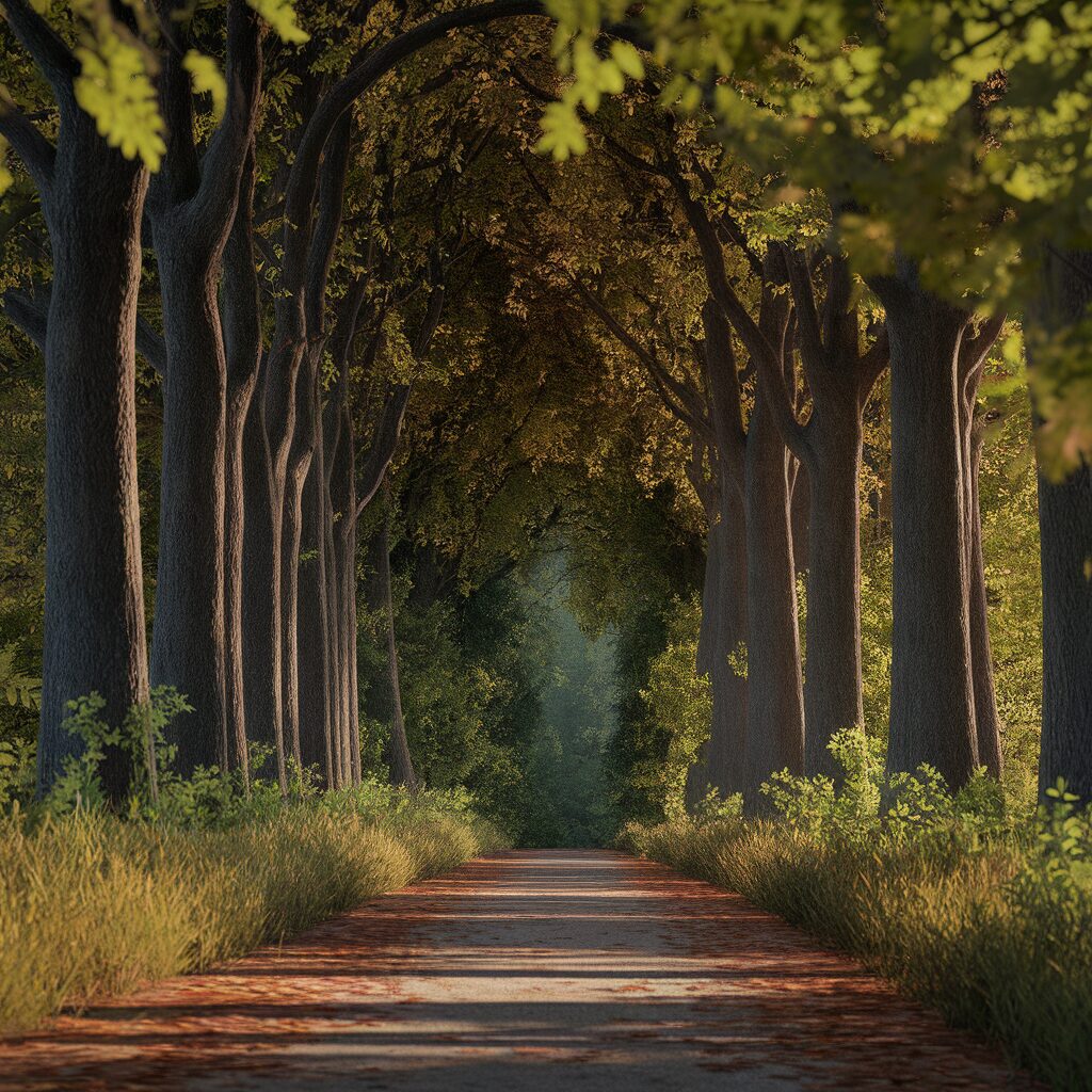 A tree-lined dirt path stretches forward under a canopy of green leaves, with sunlight filtering through the branches.