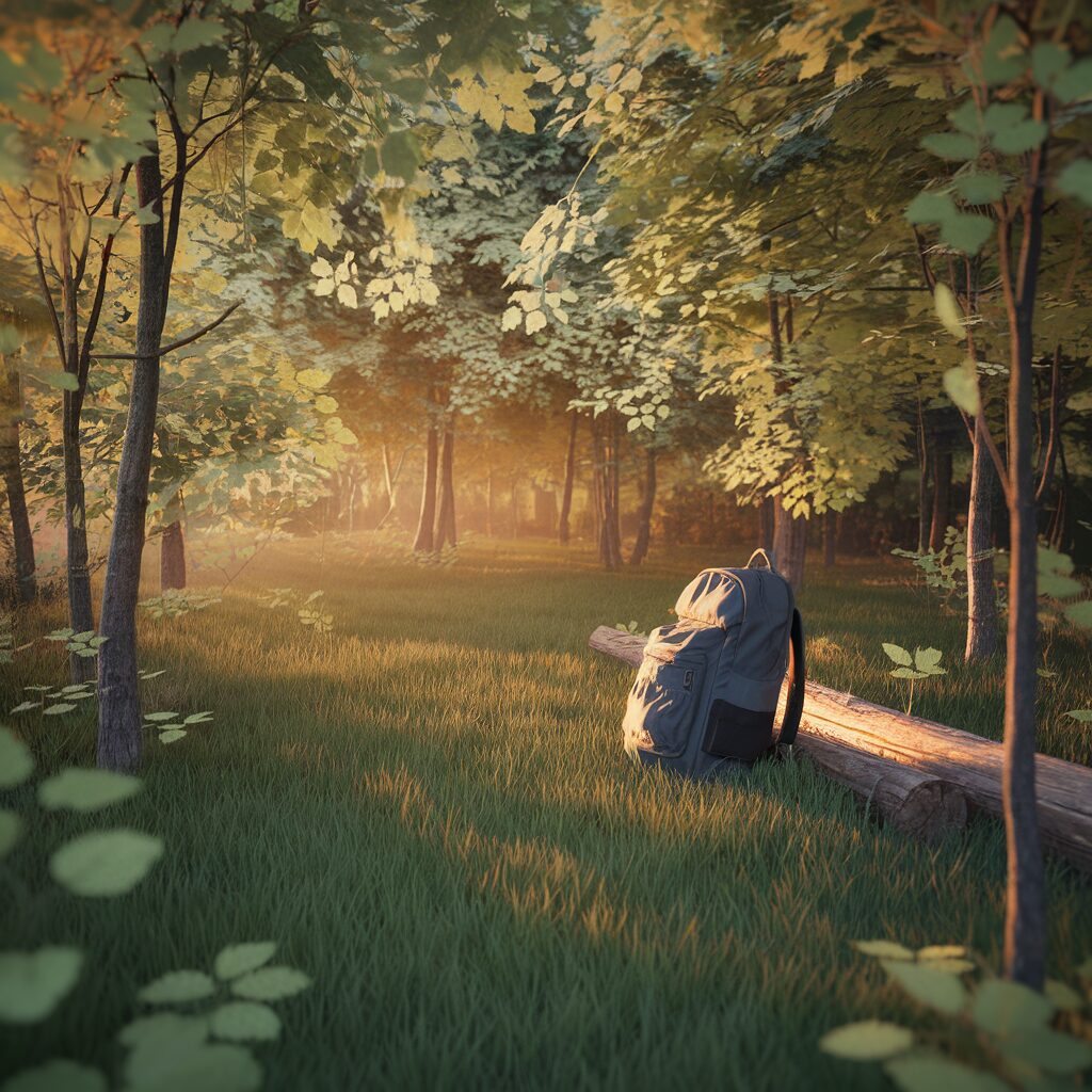 A backpack rests on a fallen log in a sunlit forest clearing, surrounded by green grass and trees.