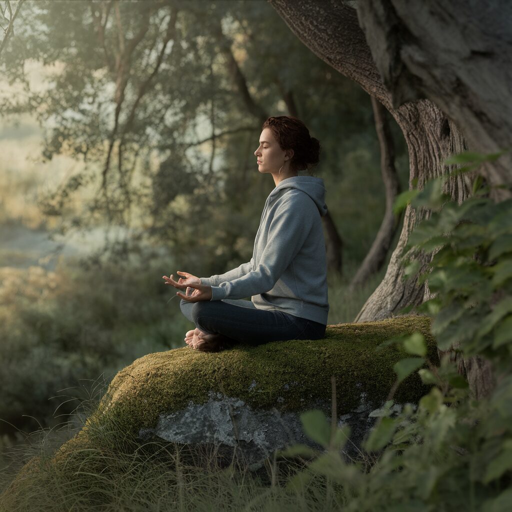 A person sits cross-legged on a mossy rock under a tree, meditating with eyes closed in a peaceful outdoor setting.