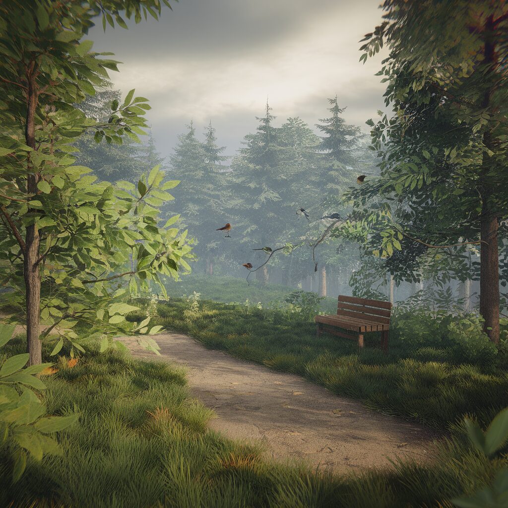 A paved path runs through a forested park with a wooden bench on the right side, surrounded by green trees and grass; several birds are flying near the bench under a cloudy sky.