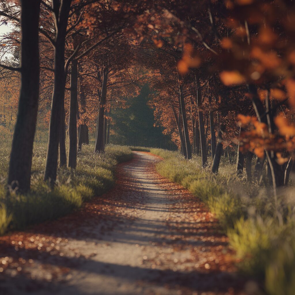 A dirt path winds through trees with autumn leaves, creating a canopy of orange and red foliage. Sunlight filters through, casting dappled shadows on the ground.