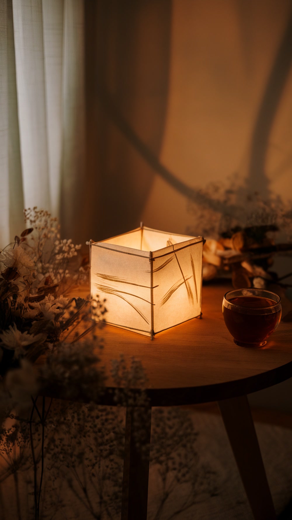 A softly lit square lamp on a wooden table, surrounded by dried flowers and a glass cup, creating a warm and cozy ambiance.