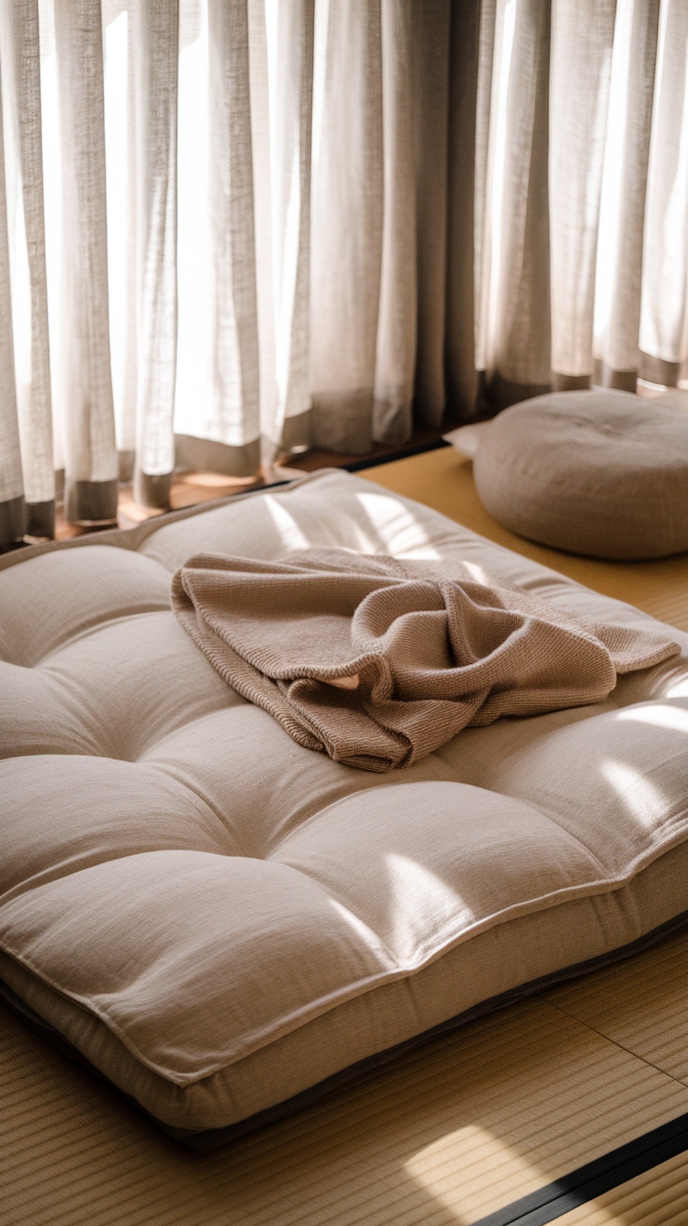 A beige futon with a folded blanket on top is placed on a tatami mat floor near large windows with sheer curtains, allowing soft sunlight to filter in.