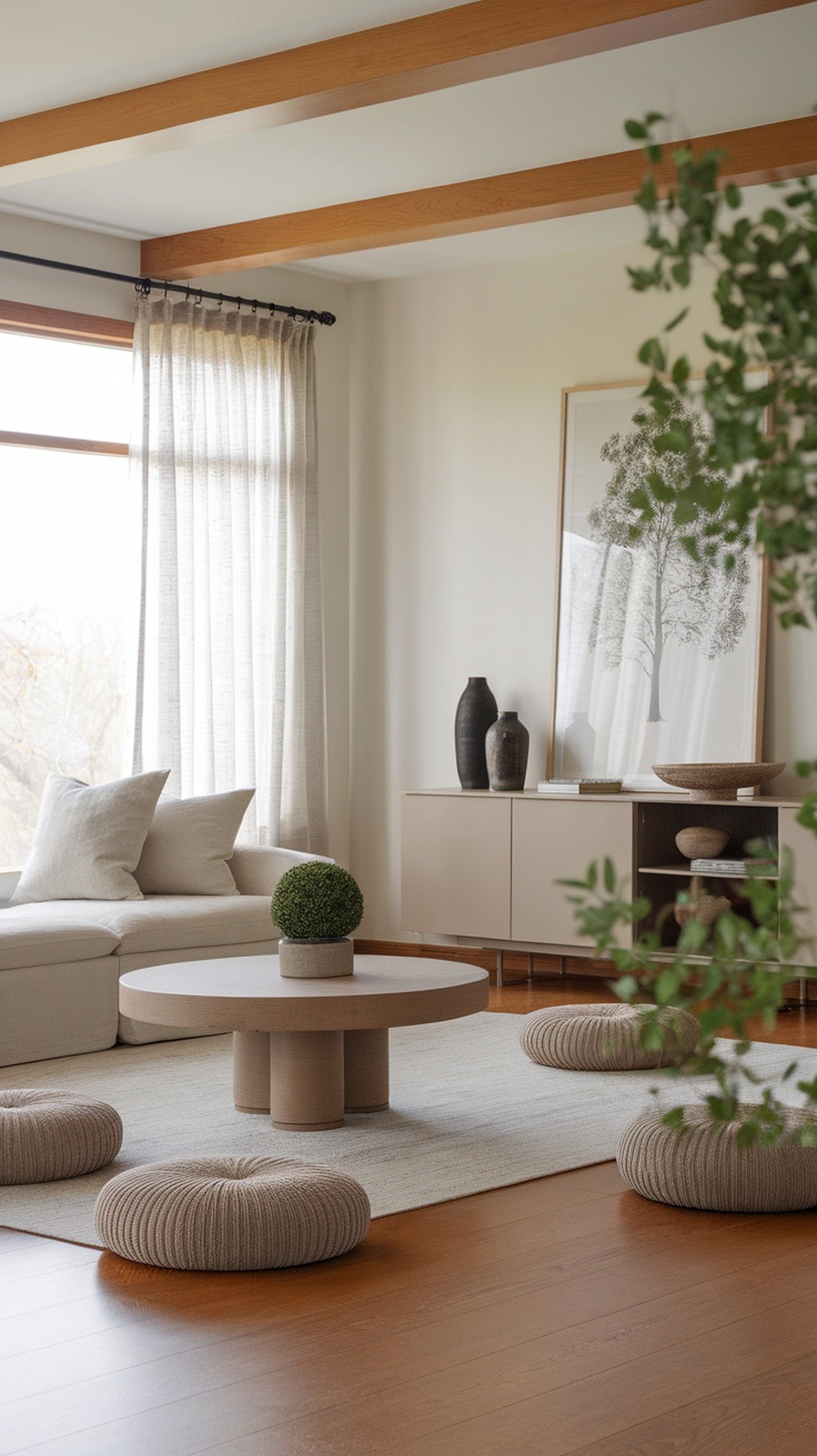 Minimalist living room with a large window, beige sofa, round wooden table, textured poufs, plant, and a tree artwork. Neutral tones dominate the decor.
