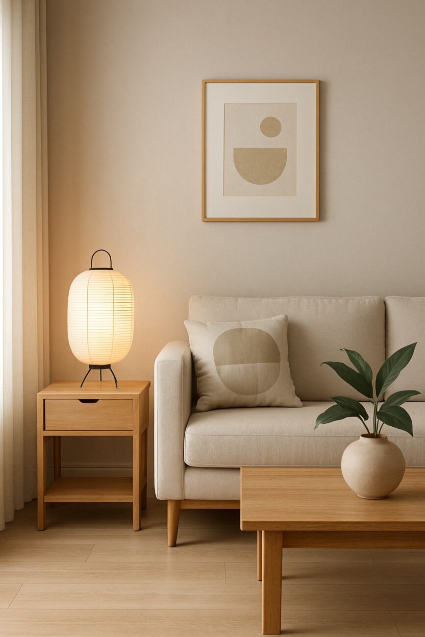 Minimalist living room with a beige sofa, geometric pillow, wooden furniture, paper lantern lamp, framed abstract art, and a potted plant on a coffee table.