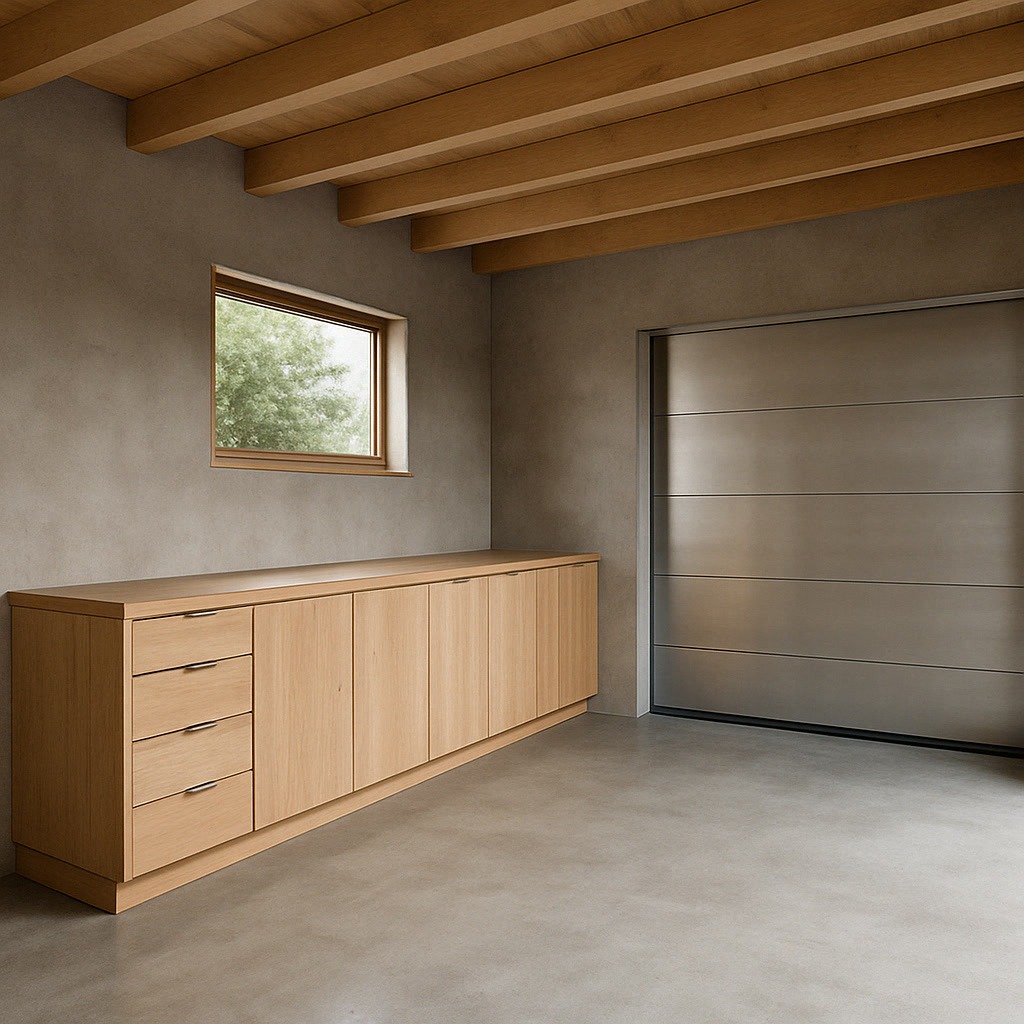 A modern, minimal garage with a light wood cabinet, concrete floor, a window showing greenery, and a closed metallic garage door.