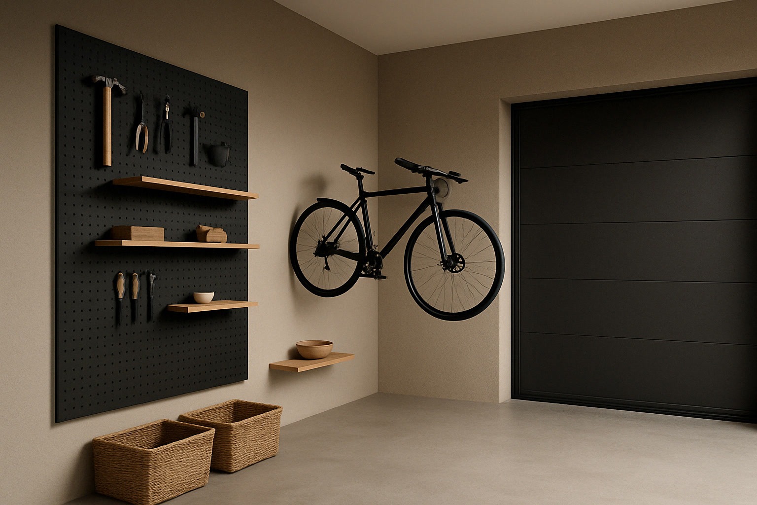A modern garage with a black pegboard wall holding tools and shelves, a black bicycle mounted on the wall, two wicker baskets, and a closed black garage door.